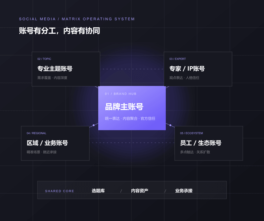 由品牌主账号、专业账号、专家账号与区域账号协同组成的社媒矩阵系统
